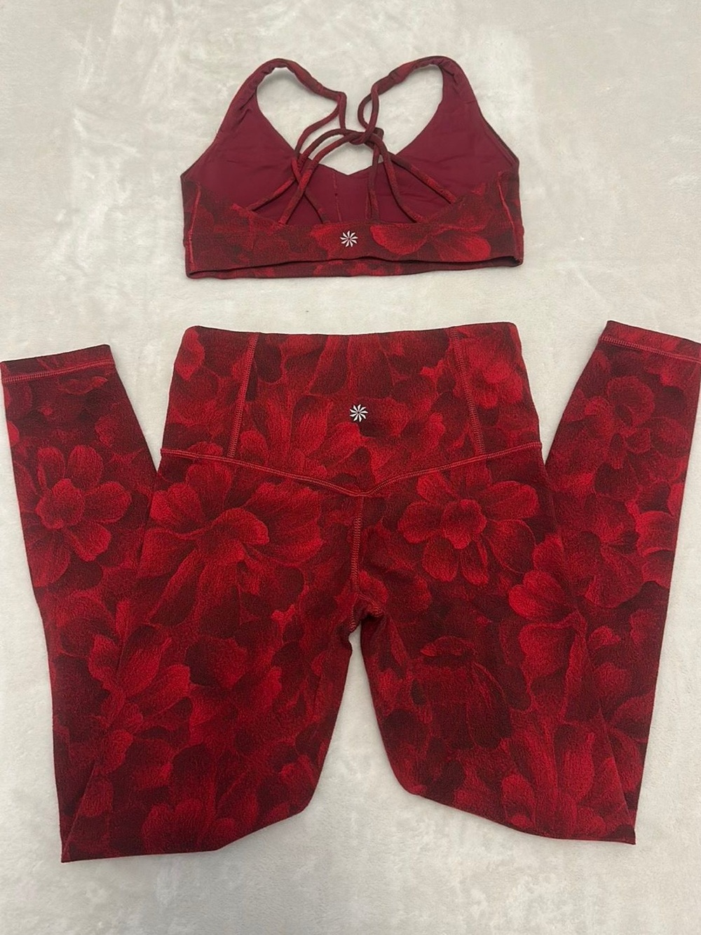 Athleta Textured Red Floral Elation Legging and Bra Set